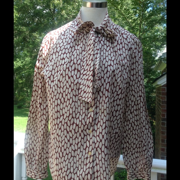 Vintage Polka Dot Brown White Blouse Polka Bow Tie - Picture 1 of 2